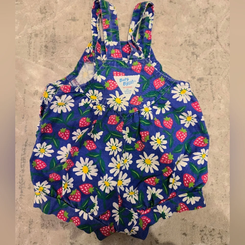 OshKosh B'gosh Vintage 1990s Blue Strawberry Print Floral Onesie Overalls